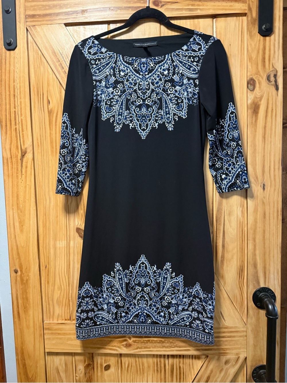 White House Black Market Black Midi Dress with Blue Paisley Accents